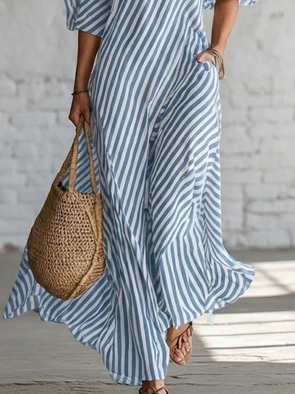Blue Full Size Striped One-Shoulder Casual Maxi Dress Multiple Sizes - Picture 3 of 3